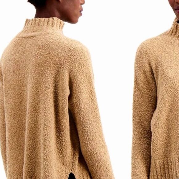 Eileen Fisher Organic Cotton Boucle Funnel Neck Sweater in Tan Size Medium Cozy - Picture 2 of 6